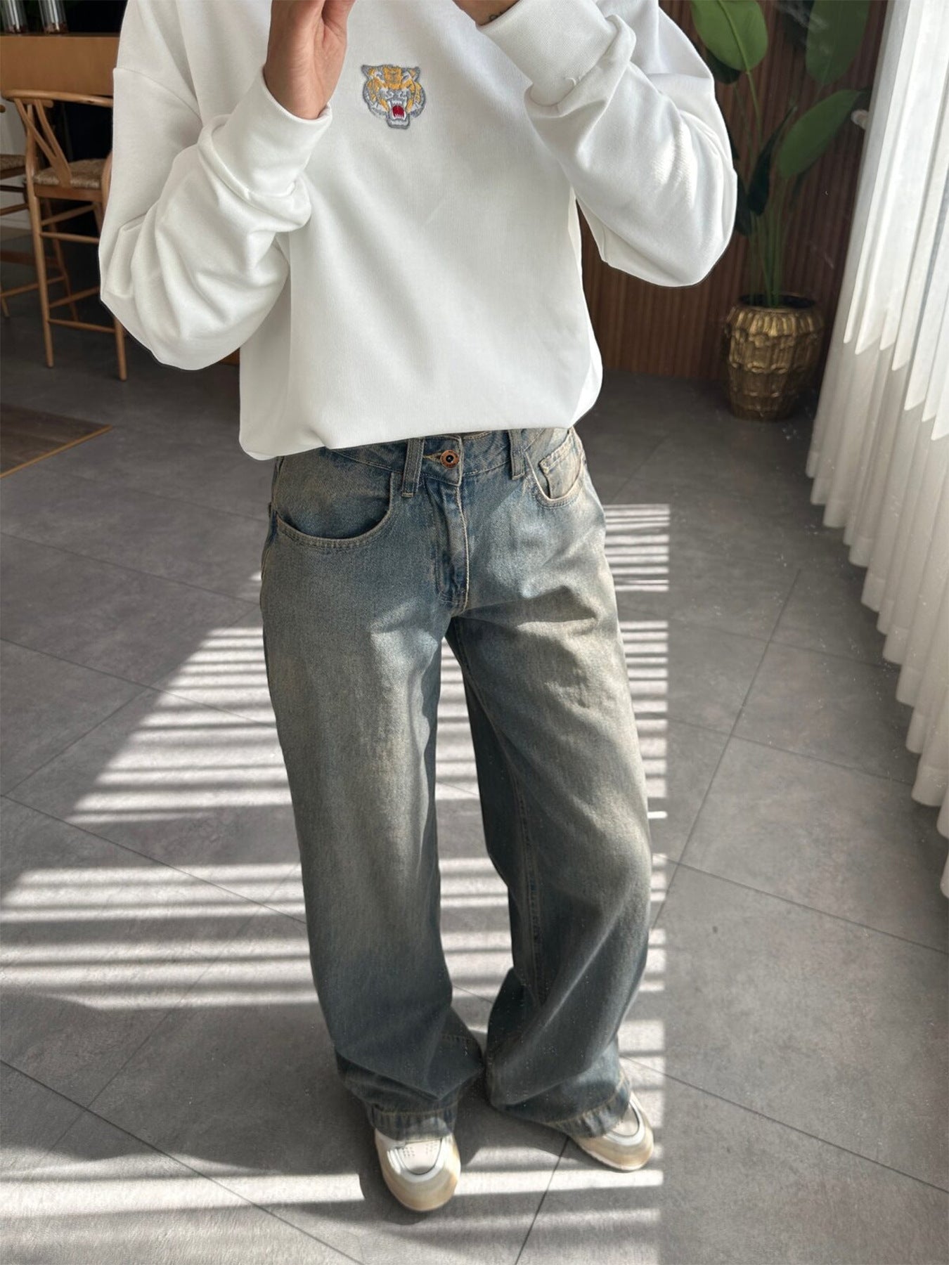 Ladies Retro Micro Elastic Heavy Industry Wash Straight Wide Leg Loose Denim Trousers Slabstone gray