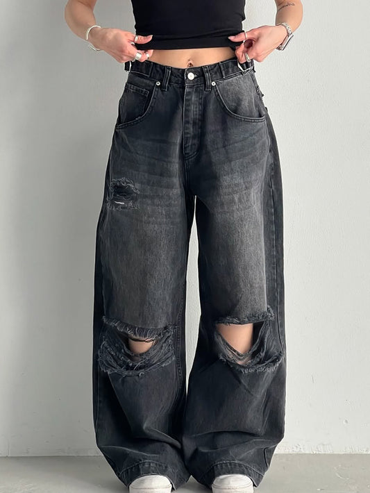 Women Loose Large Ripped Waist Adjustable Wide Leg Denim Trousers Black