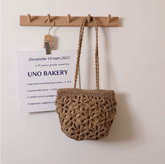 Hollow Out Cutout Floral Shoulder Straw Bag Summer Handmade Straw Bag Woven Bag Vacation Beach Bag Women Bag One Size Spherical Flower Coffee