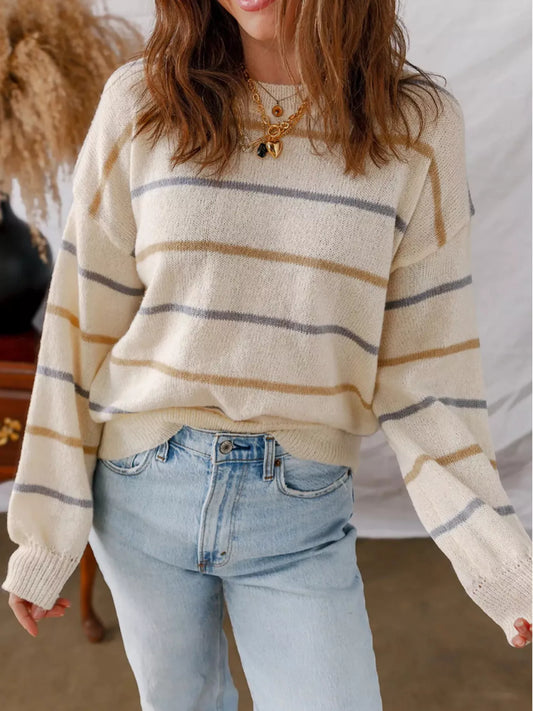 Striped Round Neck Drop Shoulder Sweater Apricot