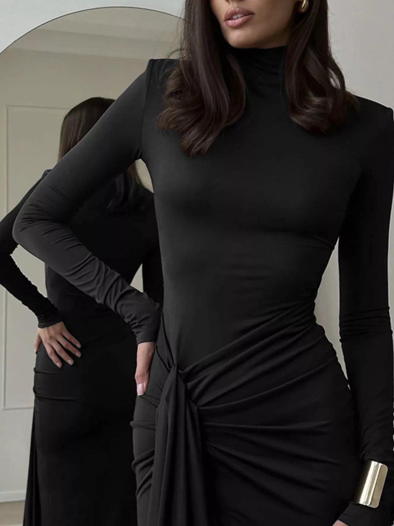 Turtleneck Long Sleeve Slit Maxi Dress Black