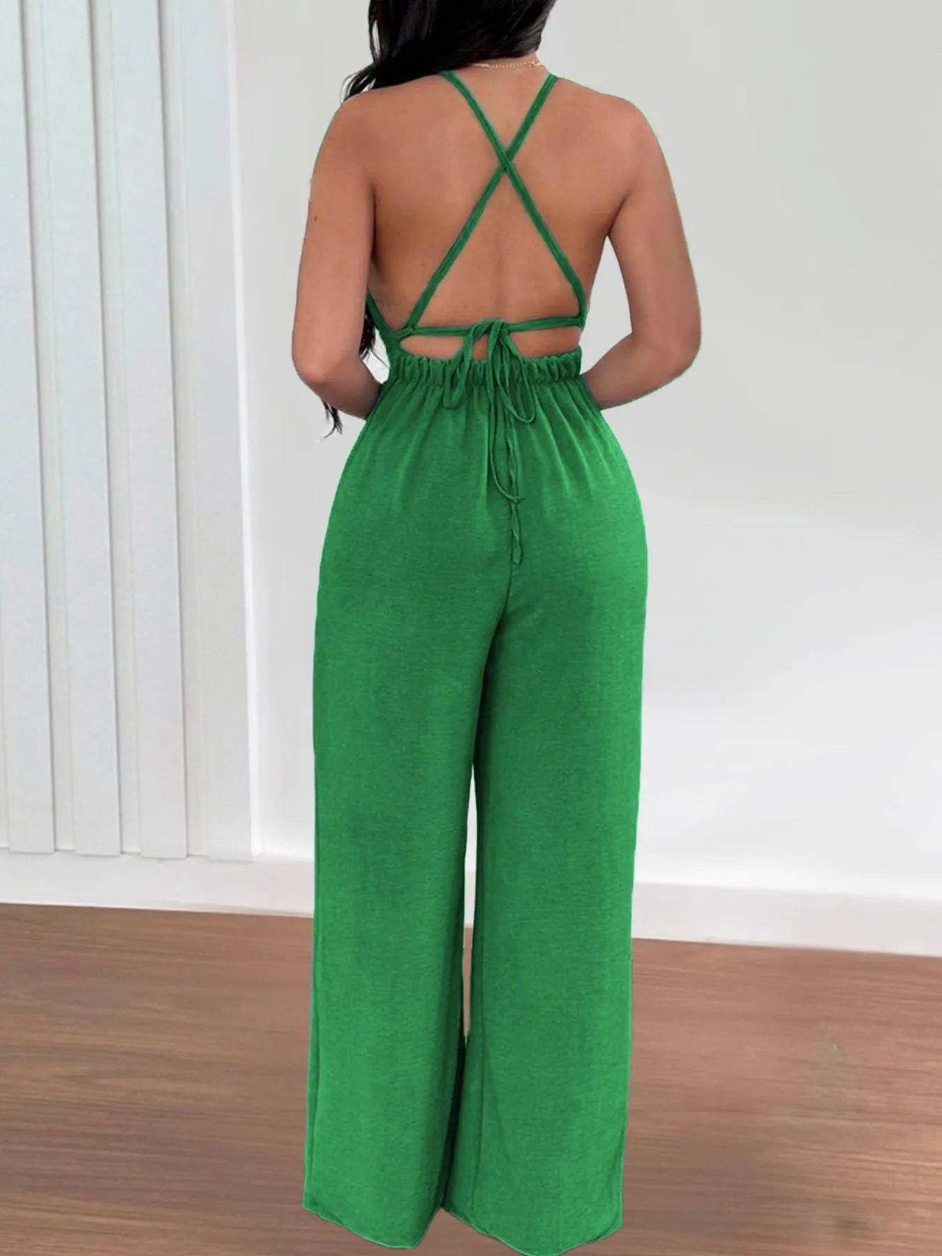 Crisscross Back V-Neck Wide Leg Jumpsuit