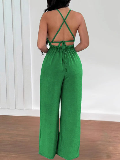 Crisscross Back V-Neck Wide Leg Jumpsuit