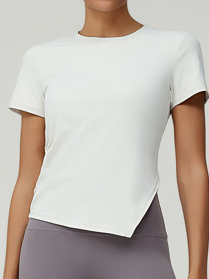 Full Size Slit Round Neck Short Sleeve Active T-Shirt Plus Size White Protein Albumin