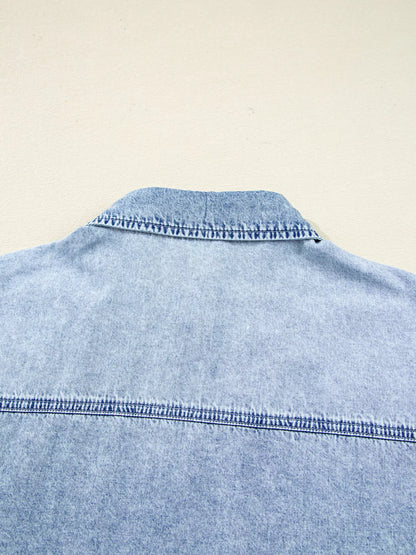 Chest Pocket Raw Hem Denim Loose Shirt Dress
