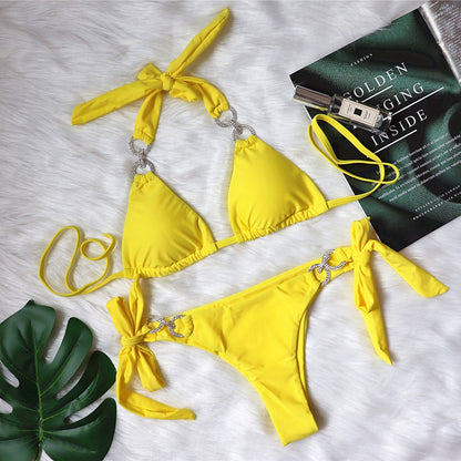 Bikini Bright Crystal Swimsuit Solid Color Lace-up High-end Sexy Swimsuit Women Swimsuit Yellow