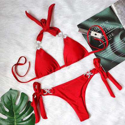 Bikini Bright Crystal Swimsuit Solid Color Lace-up High-end Sexy Swimsuit Women Swimsuit Red