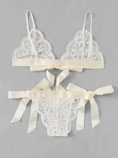 Split Cut Ruffled Sexy Lace Strap Three-Point Sexy Lingerie White