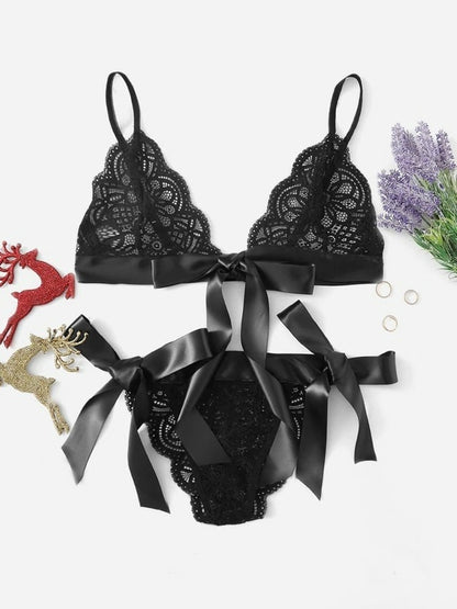 Split Cut Ruffled Sexy Lace Strap Three-Point Sexy Lingerie Black