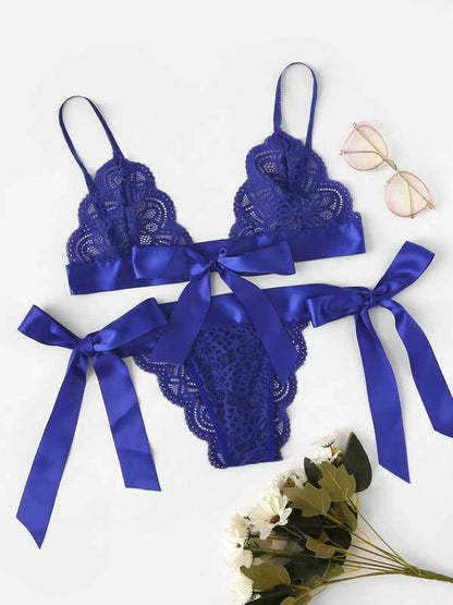 Split Cut Ruffled Sexy Lace Strap Three-Point Sexy Lingerie royal blue