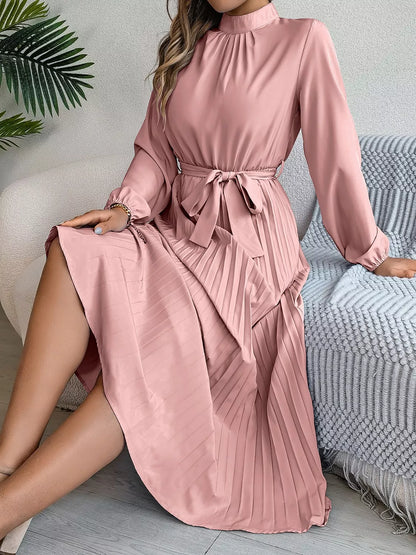 Mock Neck Pleated Midi Dress