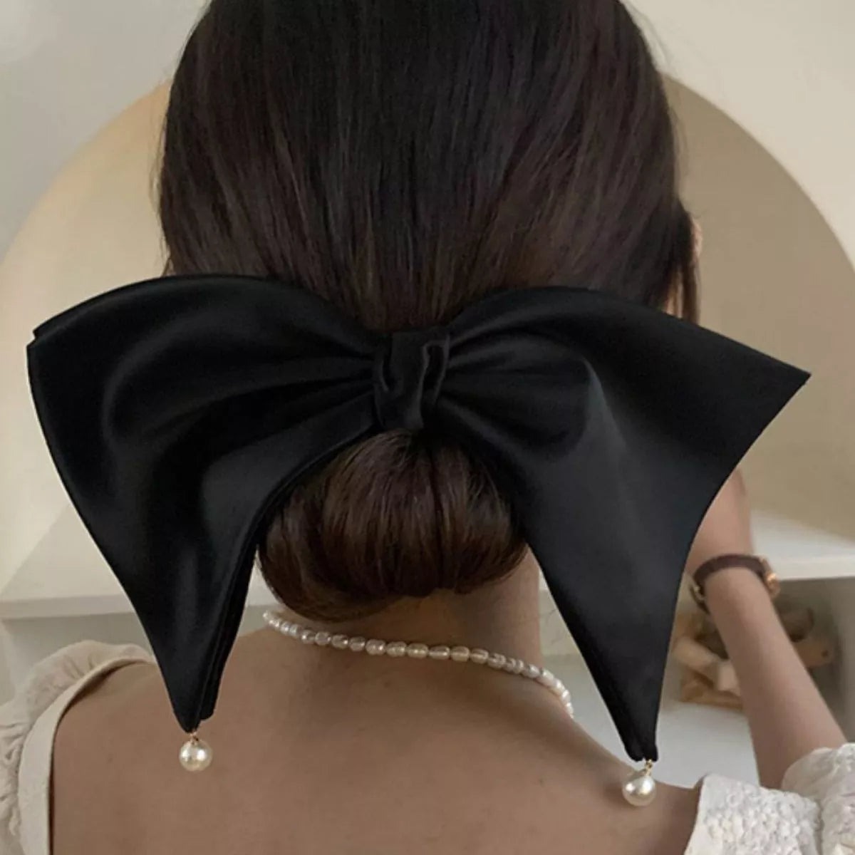 Satin Pearl Bow Hair Clip
