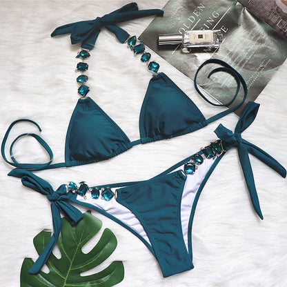 Sexy Bikini Plain Women Split Strap Luxury Diamond Swimsuit Metal Chain Accessories Swimwear peacock blue