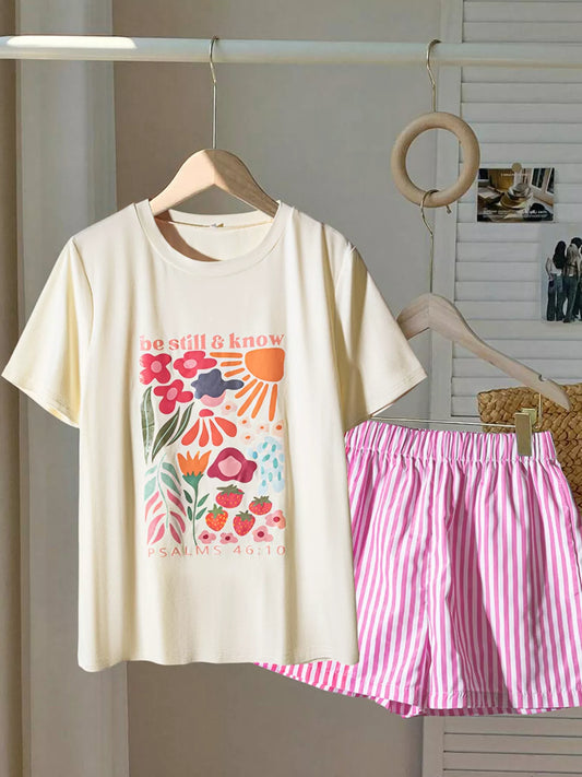 Round Neck Graphic T-Shirt and Striped Shorts Set Cream Pink