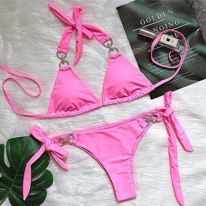 Bikini Bright Crystal Swimsuit Solid Color Lace-up High-end Sexy Swimsuit Women Swimsuit Pink