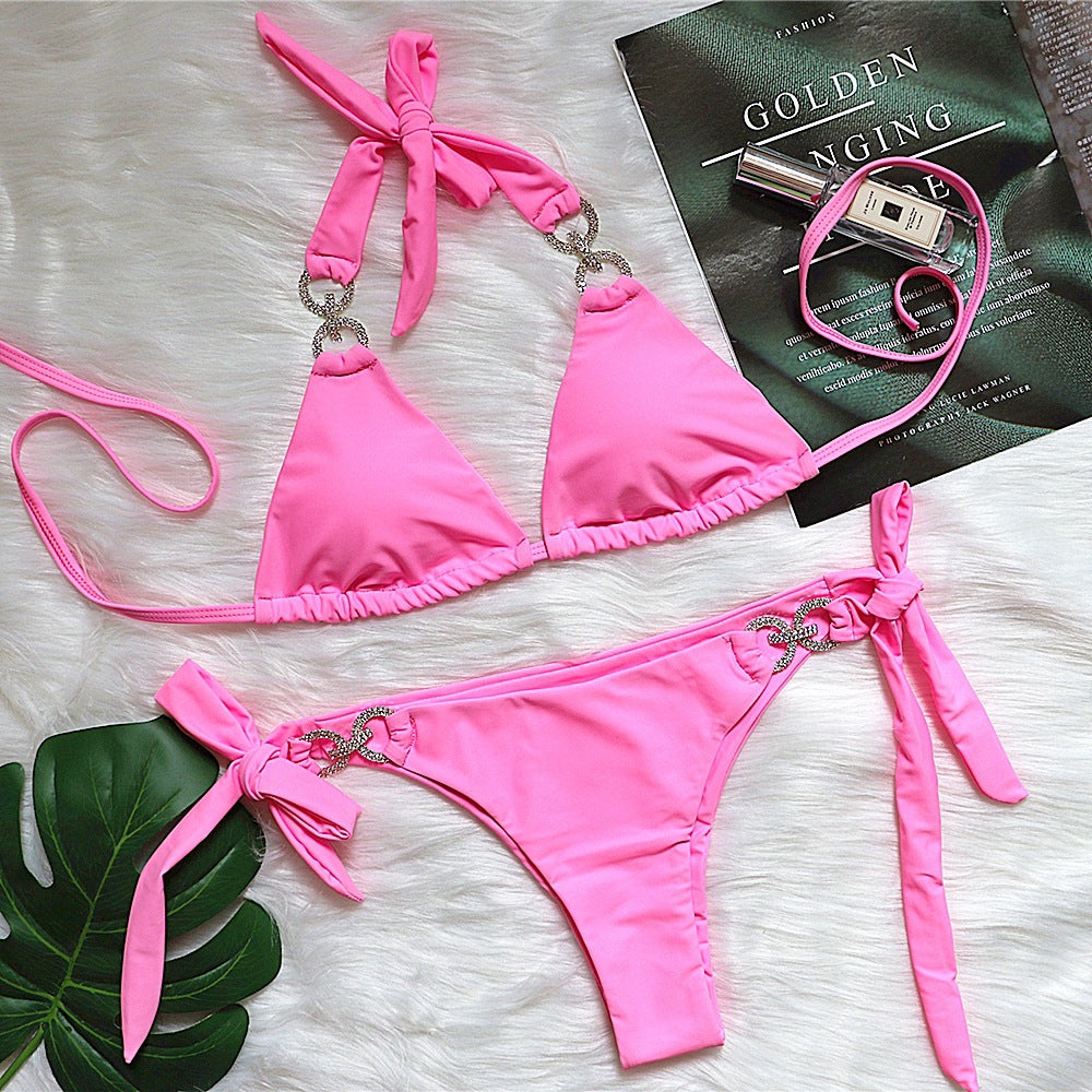Bikini Bright Crystal Swimsuit Solid Color Lace-up High-end Sexy Swimsuit Women Swimsuit Pink