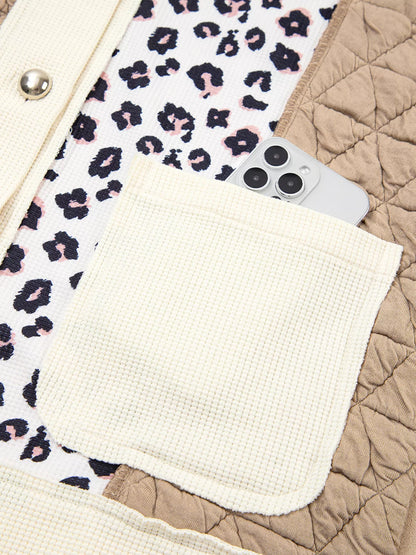 Leopard Waffle Quilted Patchwork Button Front Jacket