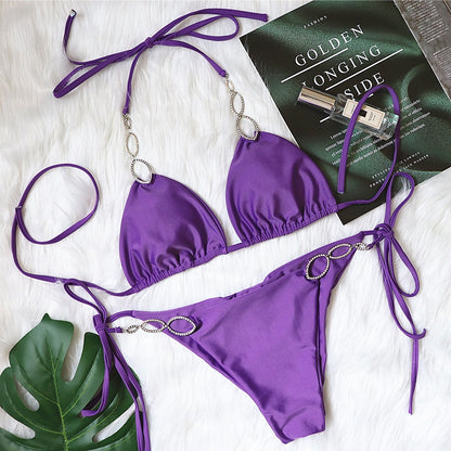 Bikini Sexy Metal Accessories Rhinestone Women Split Swimsuit Plain Bandage Swimsuit Purple