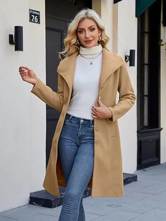 Single-Breasted Collared Neck Overcoat Khaki