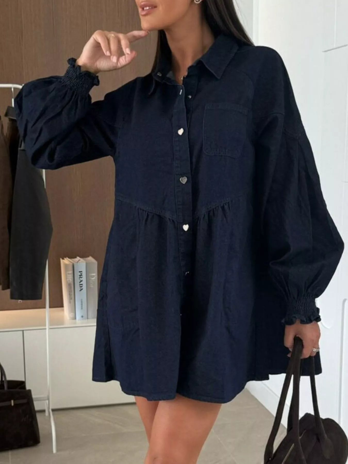 Button Down Mini Denim Dress with Front Pockets