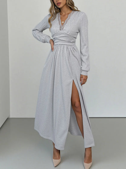 Lace Detail V-Neck Maxi Dress with Side Slit