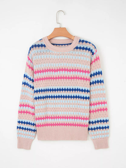 Stripe Eyelet Patterned Drop Shoulder Sweater