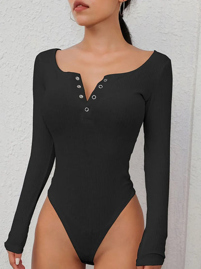 Quarter Snap Ribbed Round Neck Long Sleeve Bodysuit Black