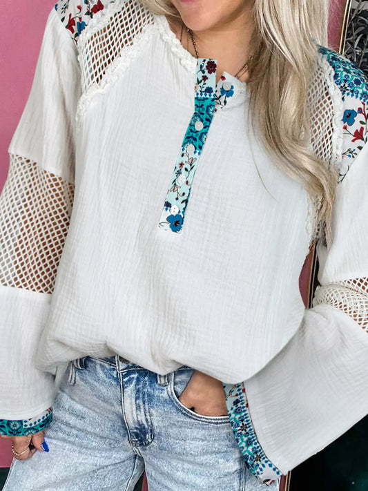 Mesh Patched Color Block Half Button Blouse White