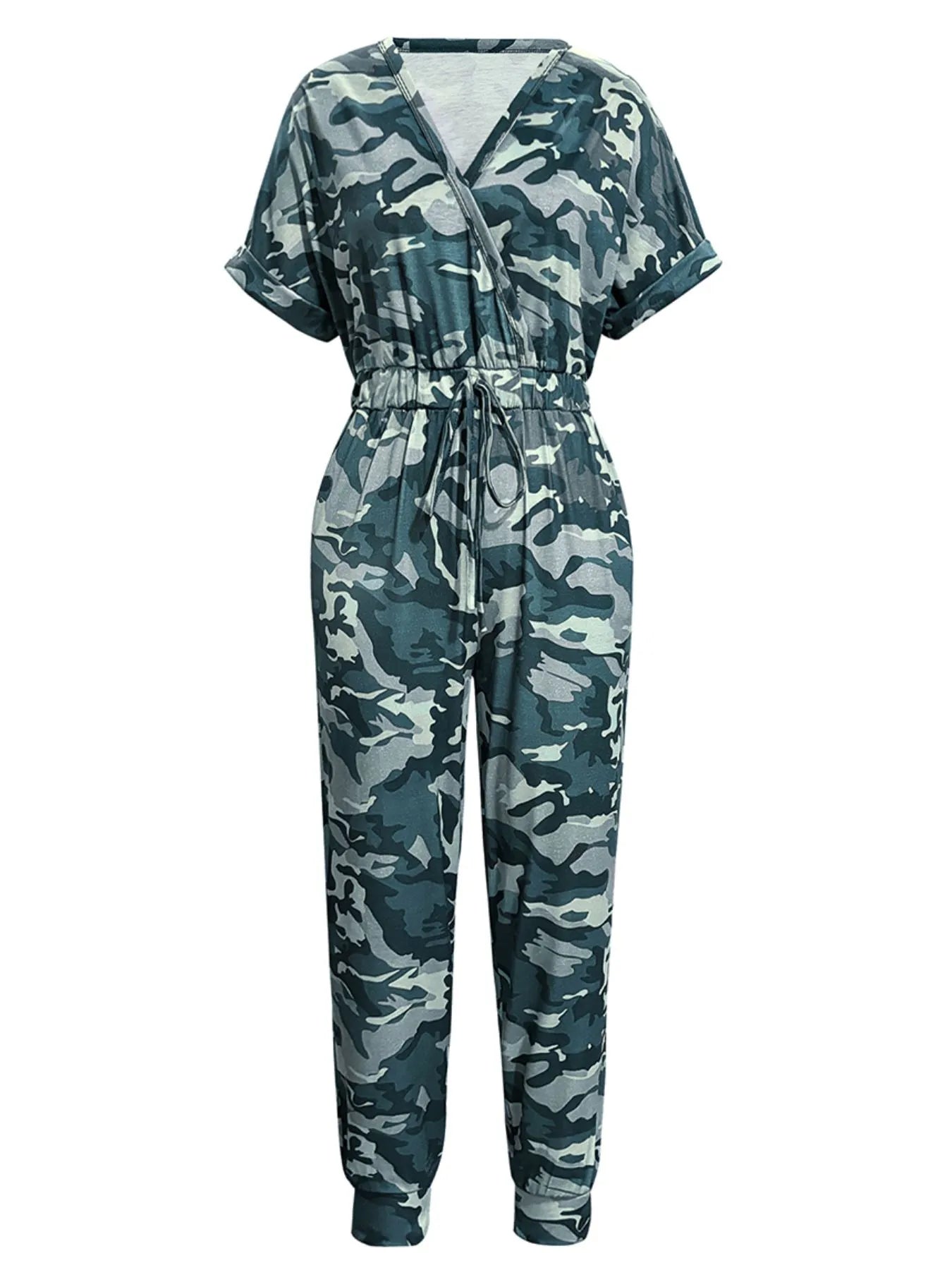 Drawstring Waist Short Sleeve Jumpsuit Green Camouflage