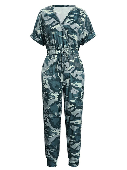 Drawstring Waist Short Sleeve Jumpsuit Green Camouflage