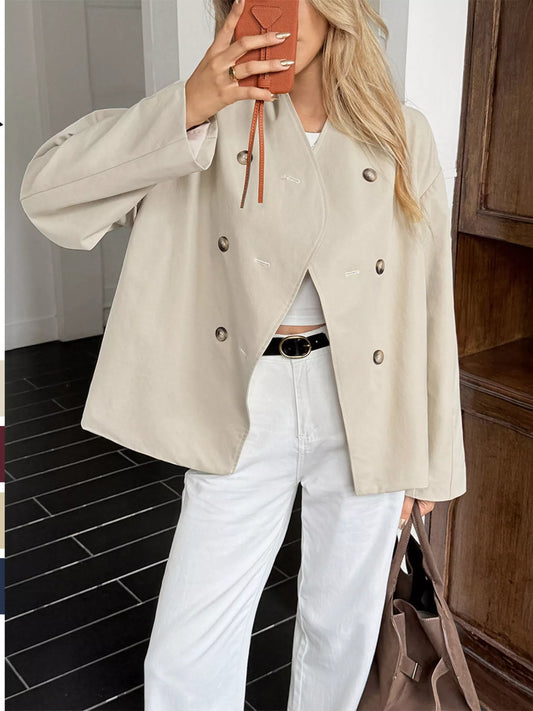 Double-Breasted Long Sleeve Jacket Khaki