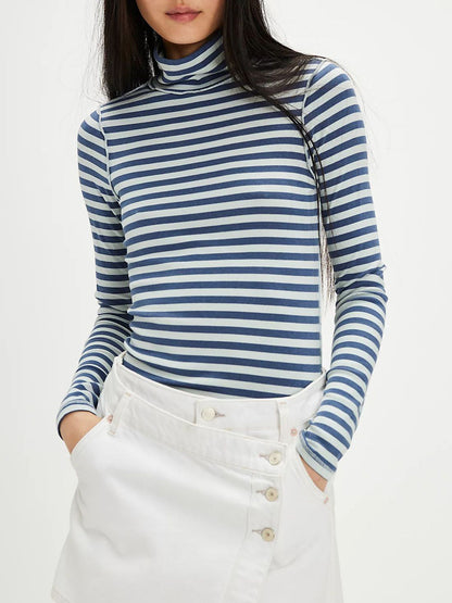 Exposed Seam Striped Turtleneck Long Sleeve T-Shirt Blue white