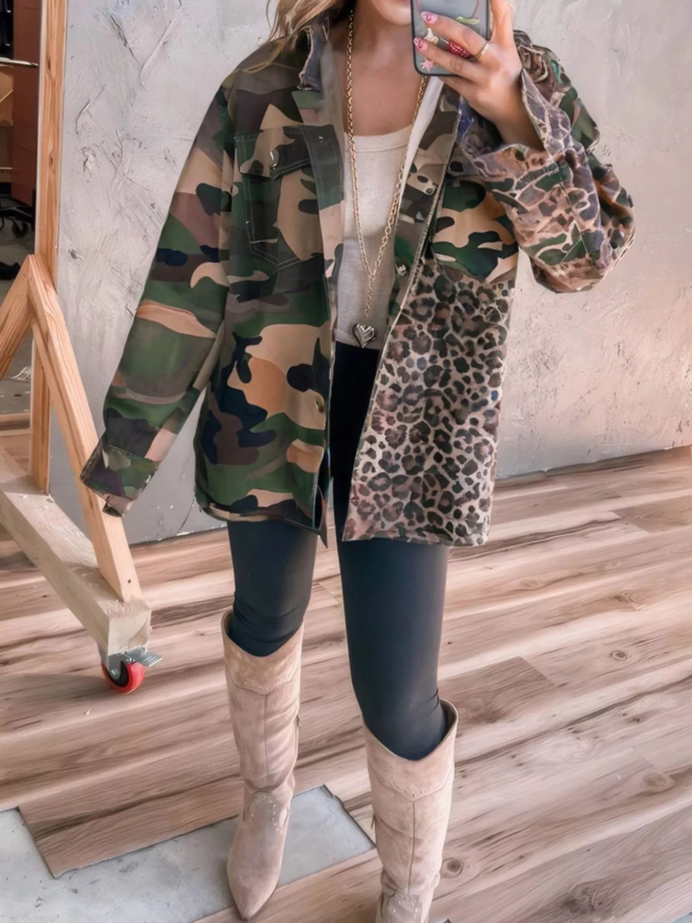 Camouflage Leopard Print Mixed Pattern Oversized Jacket