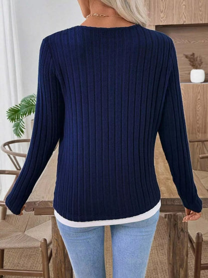 Ribbed Knit Button Detail Contrast Sweater