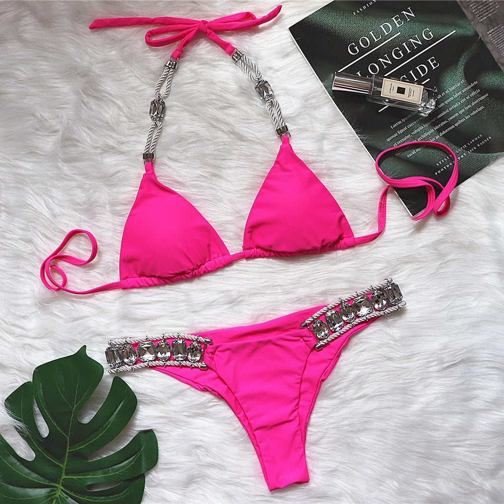 Swimsuit Sexy Crystal Diamond Women Swimwear Plain Strap Halter Bikini Coral Red