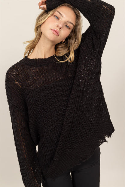 Back To School Sweater - HYFVE Distressed Long Sleeve Knit Top Black