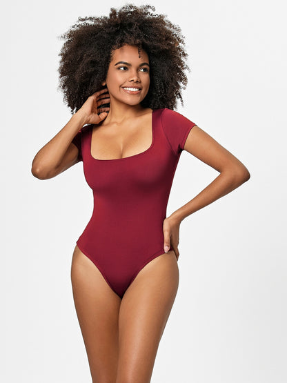 Full Size Square Neck Short Sleeve Bodysuit Deep Red