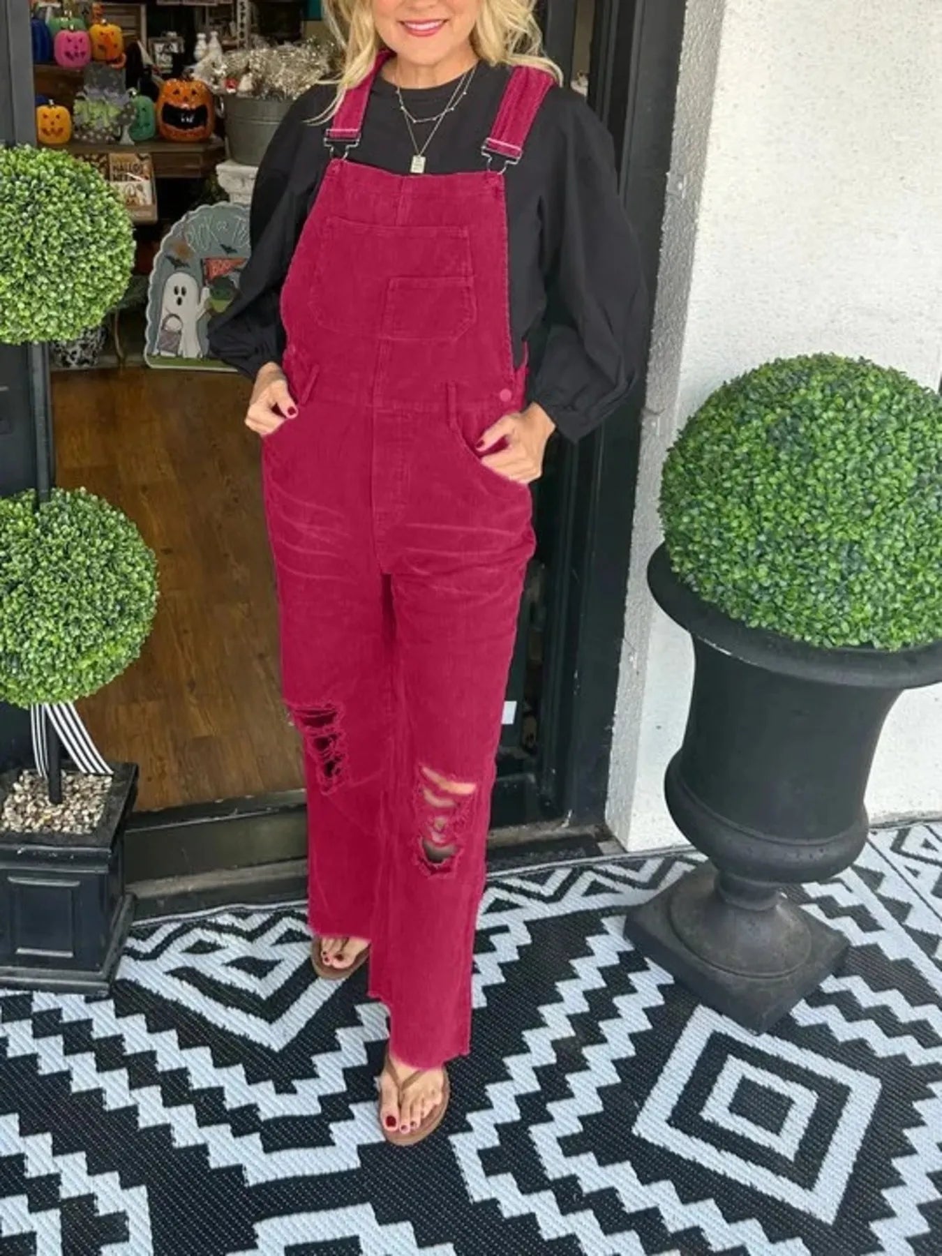 Distressed Wide Leg Corduroy Overalls Rose Red