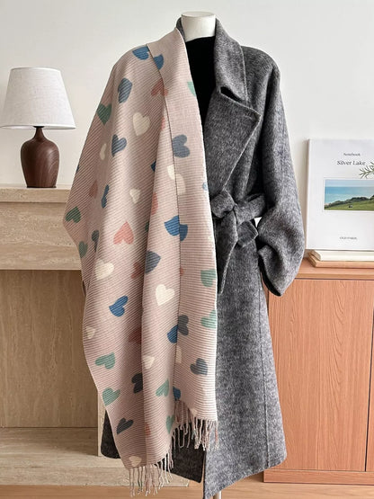 Heart Patterned Tassel Scarf Tan One Size