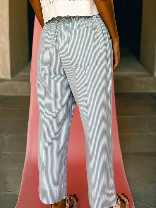 Stripe Mid Rise Drawstring Waist Jeans