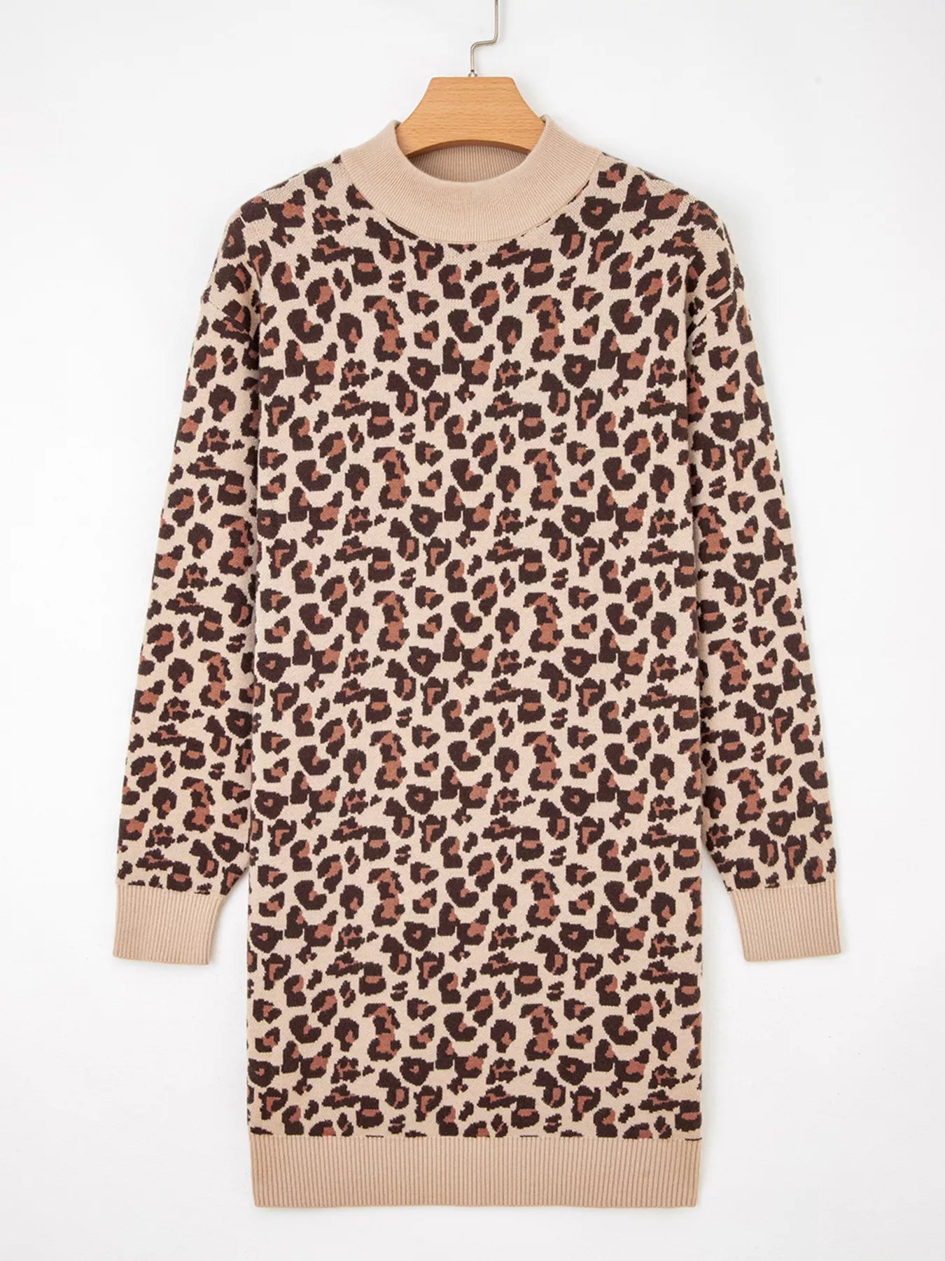 Leopard Print High Neck Shift Mini Sweater Dress