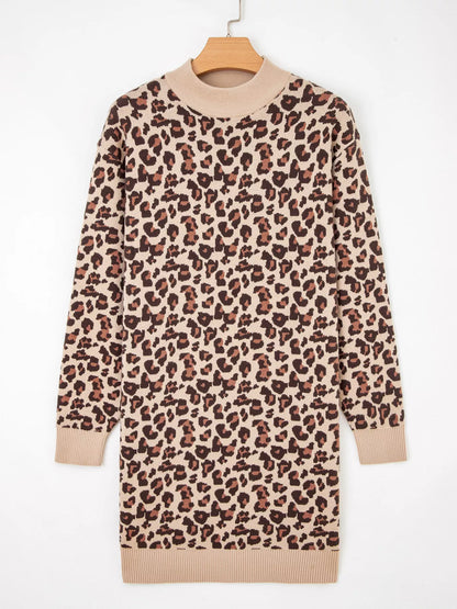 Leopard Print High Neck Shift Mini Sweater Dress