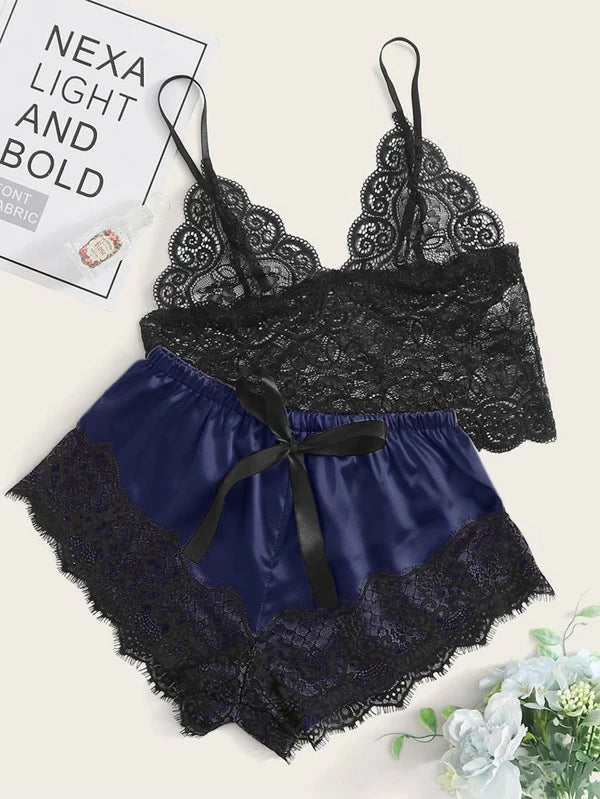 Pajamas Artificial Silk Home Wear Women Sexy Underwear Navy Blue