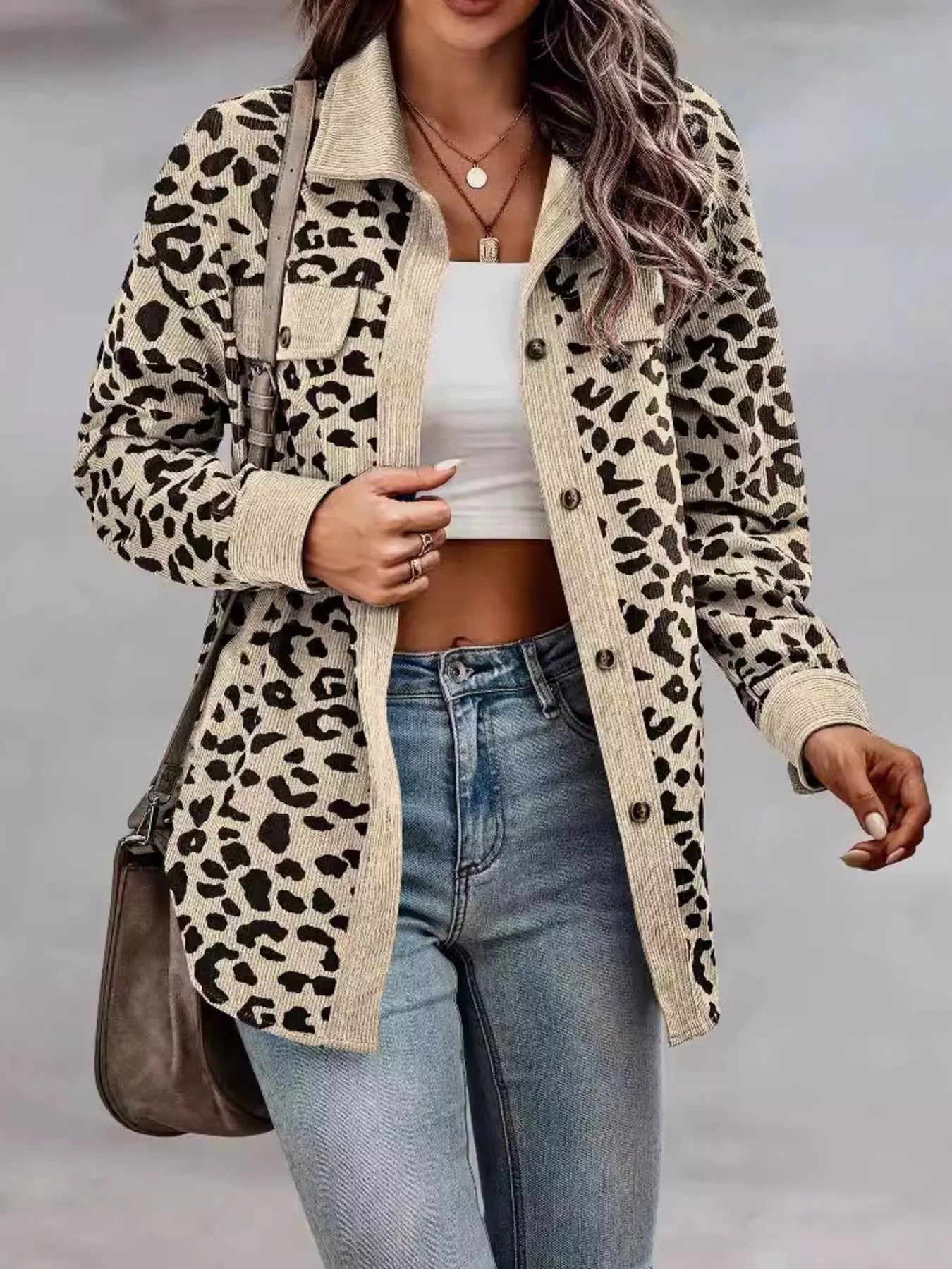 Full Size Leopard Print Button-Down Jacket Plus Size Apricot
