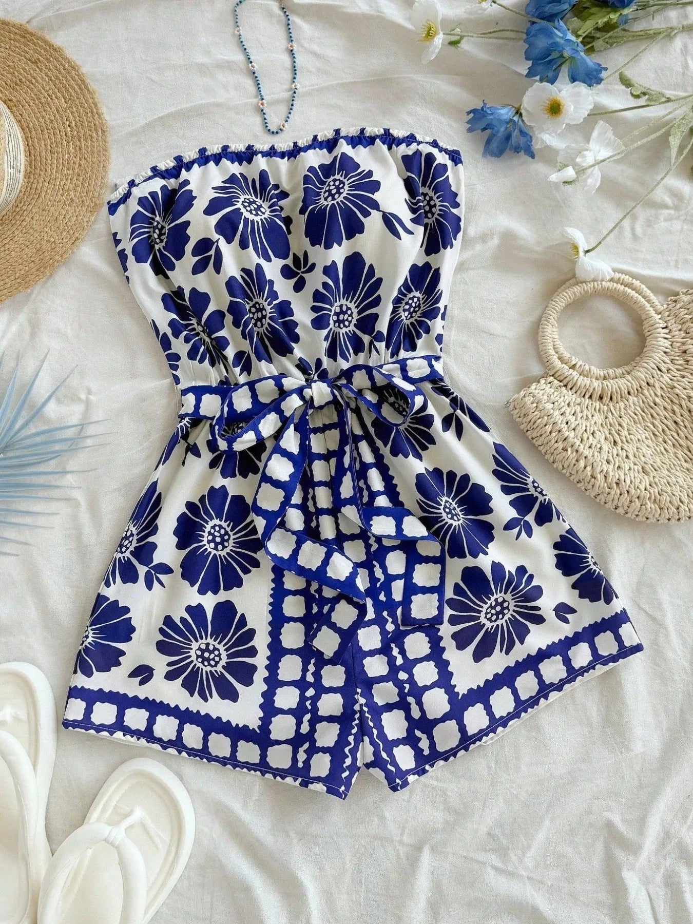 Printed Tube Tie Waist Romper Royal Blue