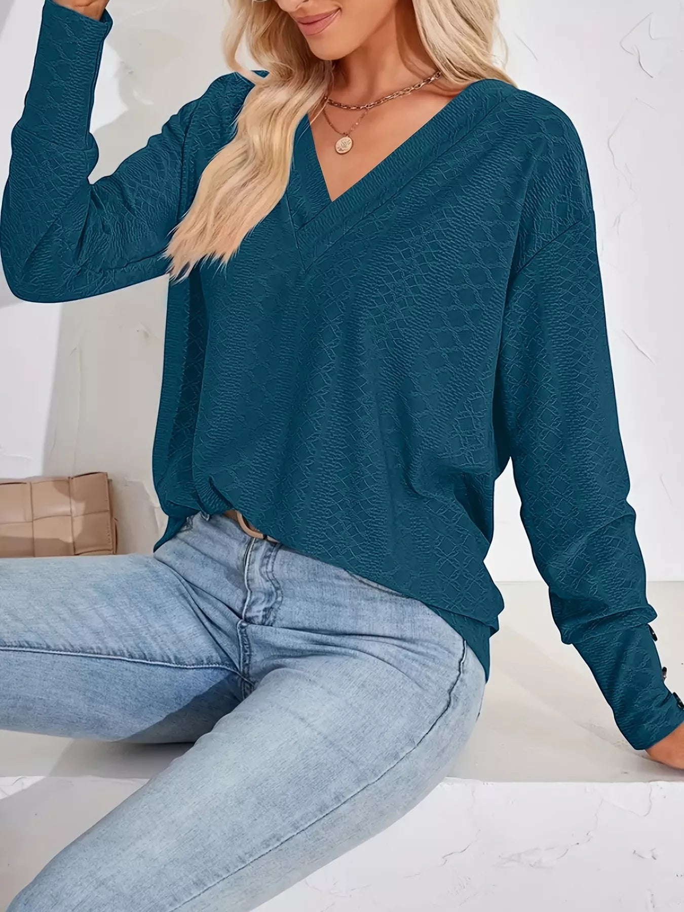 Plus Size V-Neck Textured Long Sleeve T-Shirt