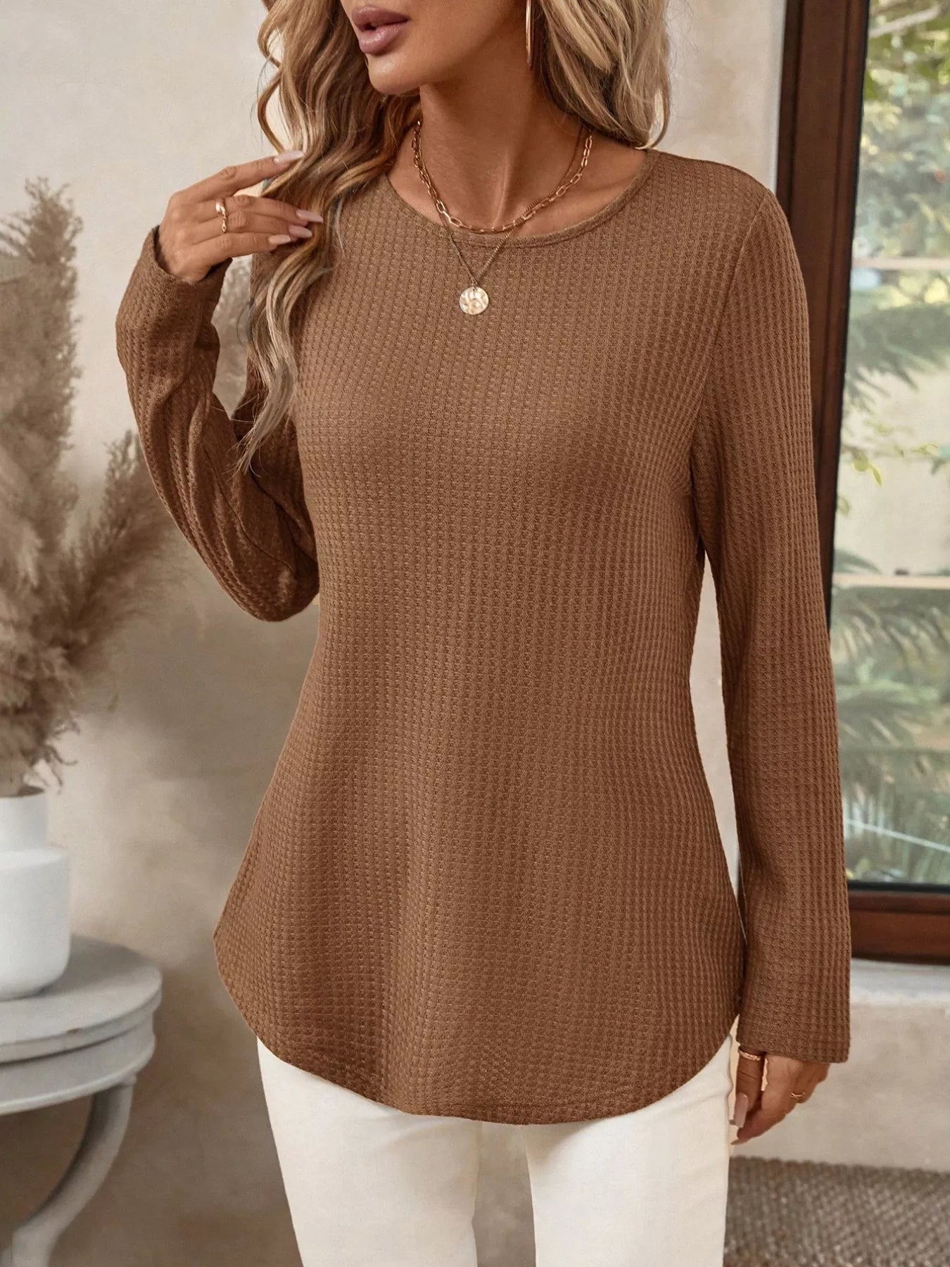 Plus Size Casual Waffle Knit Long Sleeve T-Shirt