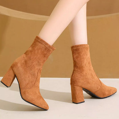 Point Toe Block Heels Boots Ochre