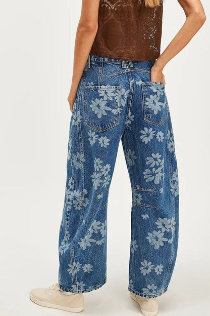 Flower Print Wide Leg Jeans