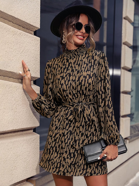 Printed Tie Waist Long Sleeve Dress Taupe